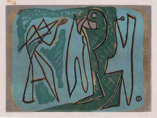 Figures In Green And Black, woodcut, 1935