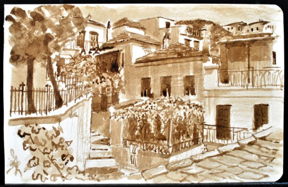 Skopelos Streetscape, Greece, Ink Wash, 8"x5"