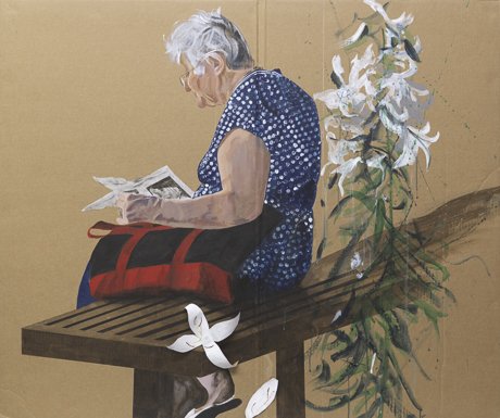 Castle Island, 48 x 48, acrylic collage on card board