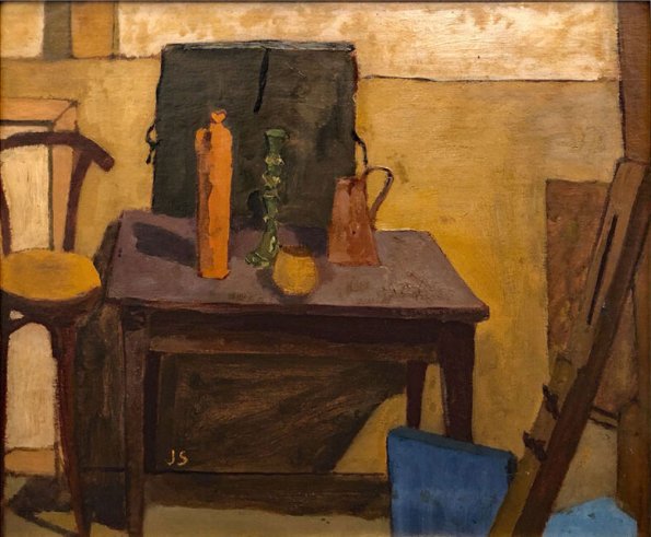 Still Life with Artist Folio, 1948, oil on board, 14 x 17