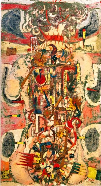Karl Zerbe, Automaton, gouache and collage on masonite, 48x24, 1955