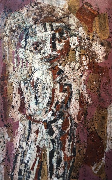 Karl Zerbe, Orphan with Goat, c. 1945, tempera polymer collage, 48 x 30 in.