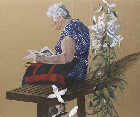 Castle Island, 48 x 48, acrylic collage on card board